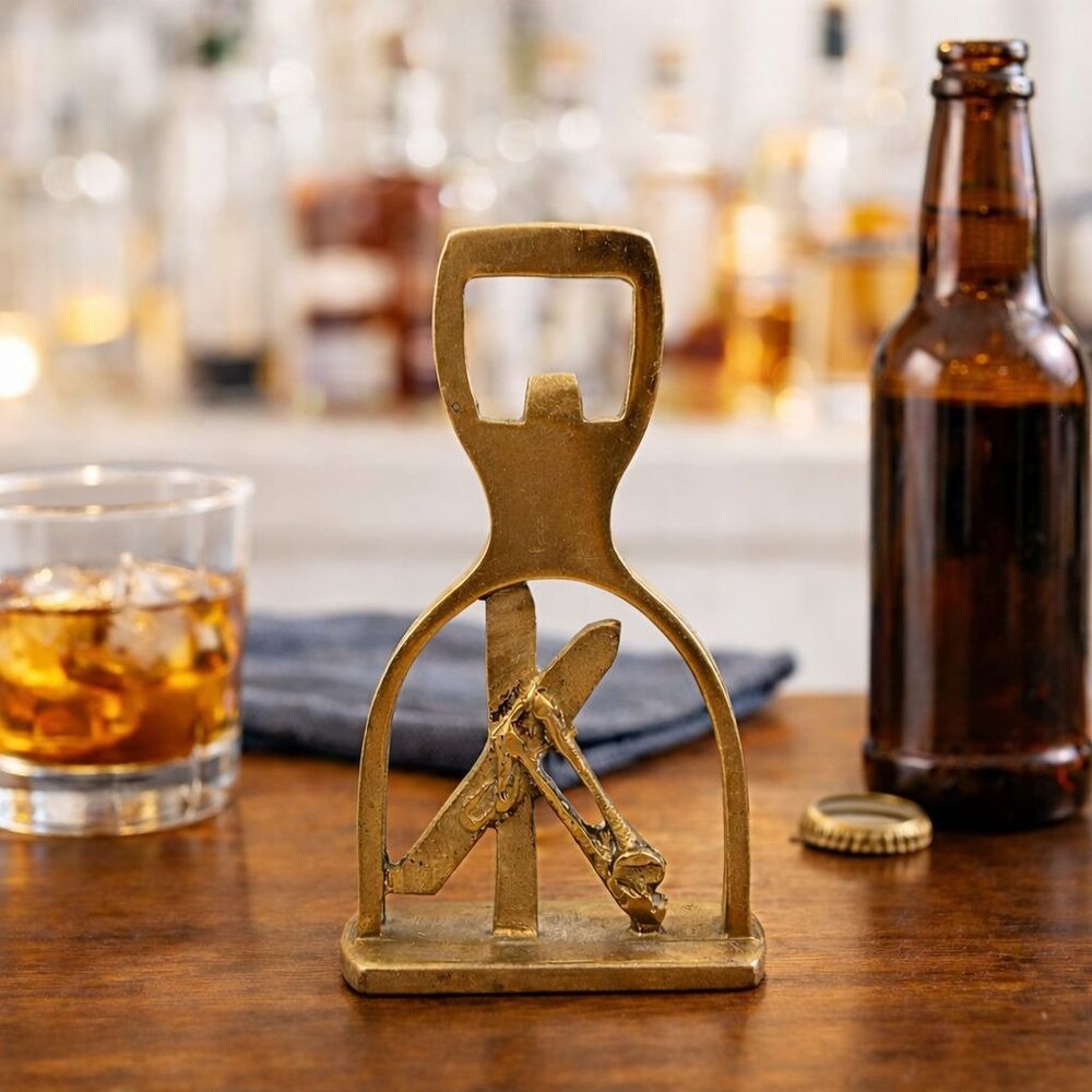 Vintage Brass Ski-Themed Bottle Opener Decorative Bar Tool 5" Tall